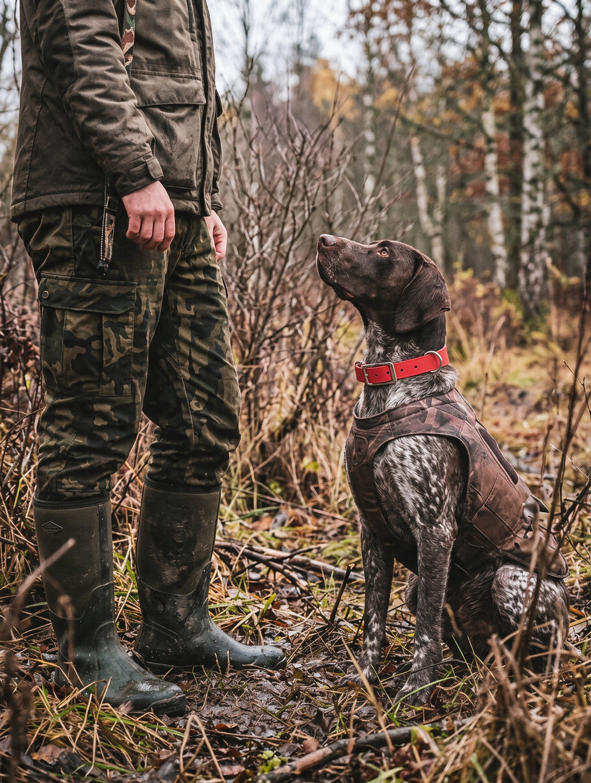 Deutsch Kurzhaar sitzt neben dem Jäger im Herbstwald und trägt ein rotes Biothane-Halsband mit Chromschnalle