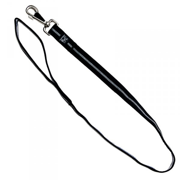 Gestreifte 1-Meter-Leine in Schwarz mit weißem Mittelstreifen, silberfarbenem Karabiner und schmaler Handschlaufe