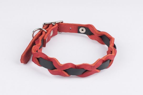 Bellepet Halsband "Braidy Farbrausch" Messing mit rotem Leder